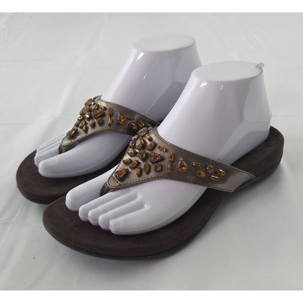 Vionic Flip Flop Sandals Womens 7 Wide Brown Bronze Rhinestone Thong Boho Glam